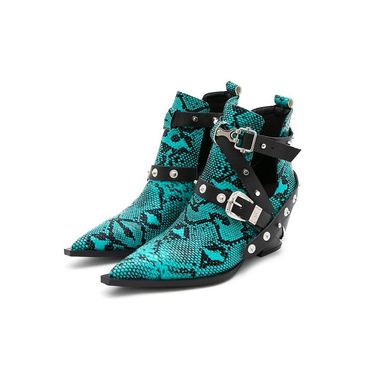 Snake-printed Pointed Toe Rivets Buckle Straps Block Chunky Heel Short Boots for Women