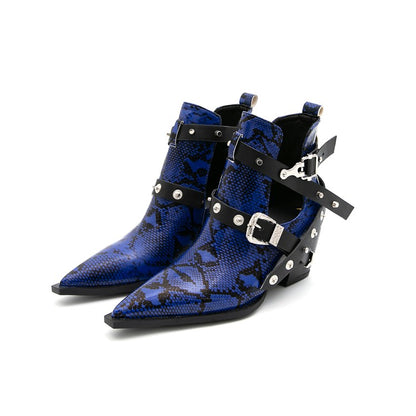 Snake-printed Pointed Toe Rivets Buckle Straps Block Chunky Heel Short Boots for Women