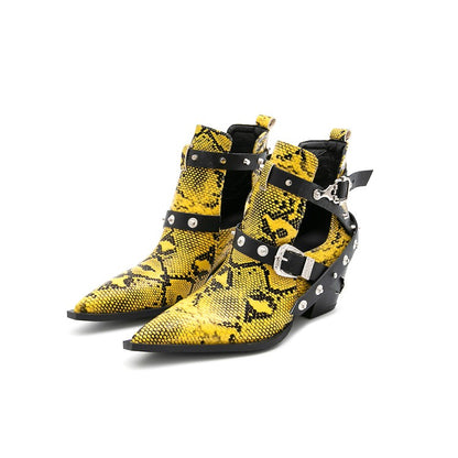 Snake-printed Pointed Toe Rivets Buckle Straps Block Chunky Heel Short Boots for Women