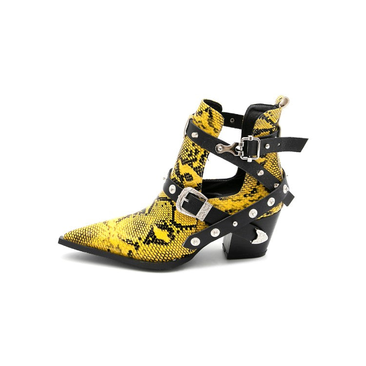 Snake-printed Pointed Toe Rivets Buckle Straps Block Chunky Heel Short Boots for Women