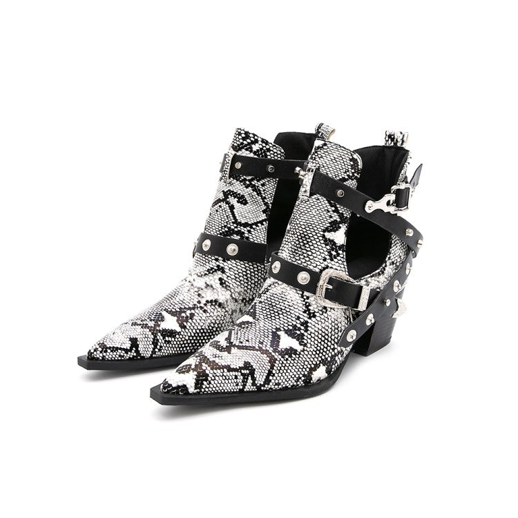 Snake-printed Pointed Toe Rivets Buckle Straps Block Chunky Heel Short Boots for Women