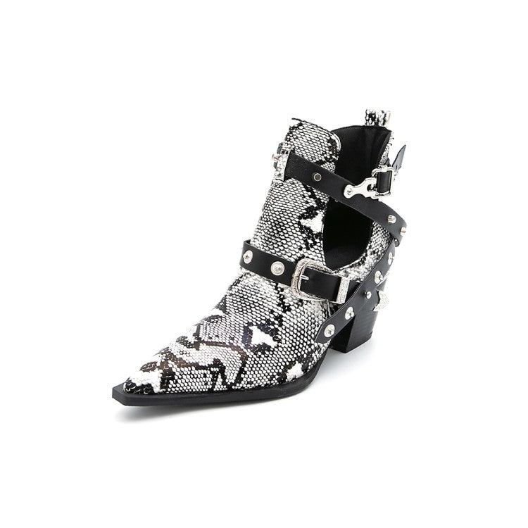 Snake-printed Pointed Toe Rivets Buckle Straps Block Chunky Heel Short Boots for Women