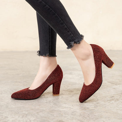 Women Glitter High Heel Block Heels Pumps