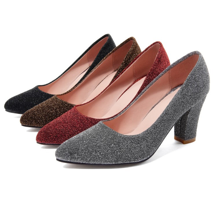 Women Glitter High Heel Block Heels Pumps