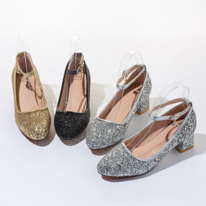 Women Sequin Mary Jane Block Heels Pumps