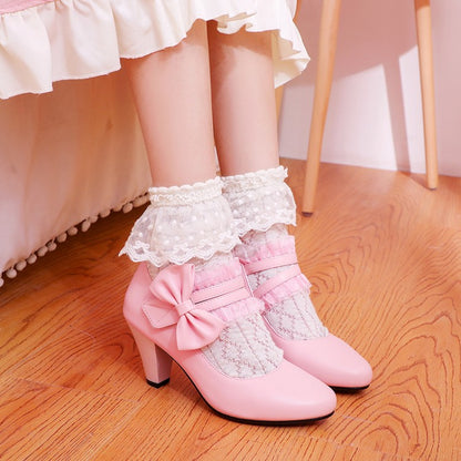 Women Lace Bowtie Mary Jane Block Heels Pumps