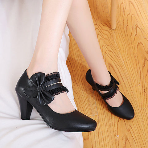 Women Lace Bowtie Mary Jane Block Heels Pumps