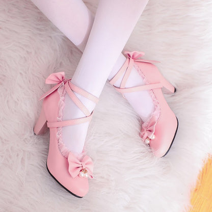 Women Bowtie Pearl Block Heels Pumps