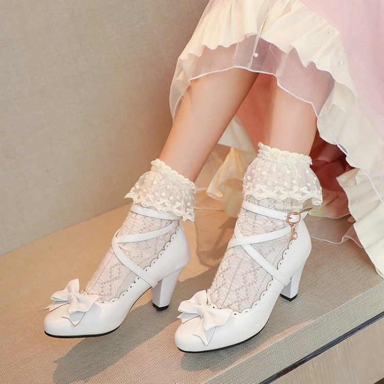 Women Cross Straps Bowtie Block Heels Pumps