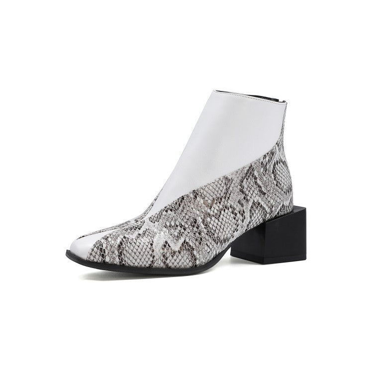 Women Snake Printed Patchwork Block Chunky Heel Short Boots