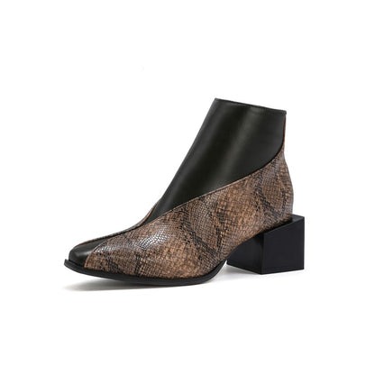 Women Snake Printed Patchwork Block Chunky Heel Short Boots