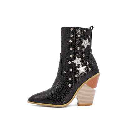 Women Crocodile Pattern Pointed Toe Stars Rivets Block Chunky Heel Short Boots