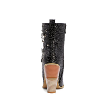 Women Crocodile Pattern Pointed Toe Stars Rivets Block Chunky Heel Short Boots