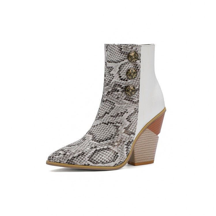 Women Snake Crocodile Pattern Patchwork Buttons Block Heel Short Boots