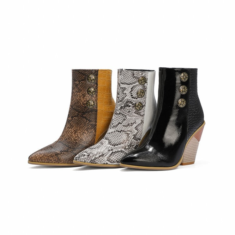 Women Snake Crocodile Pattern Patchwork Buttons Block Heel Short Boots