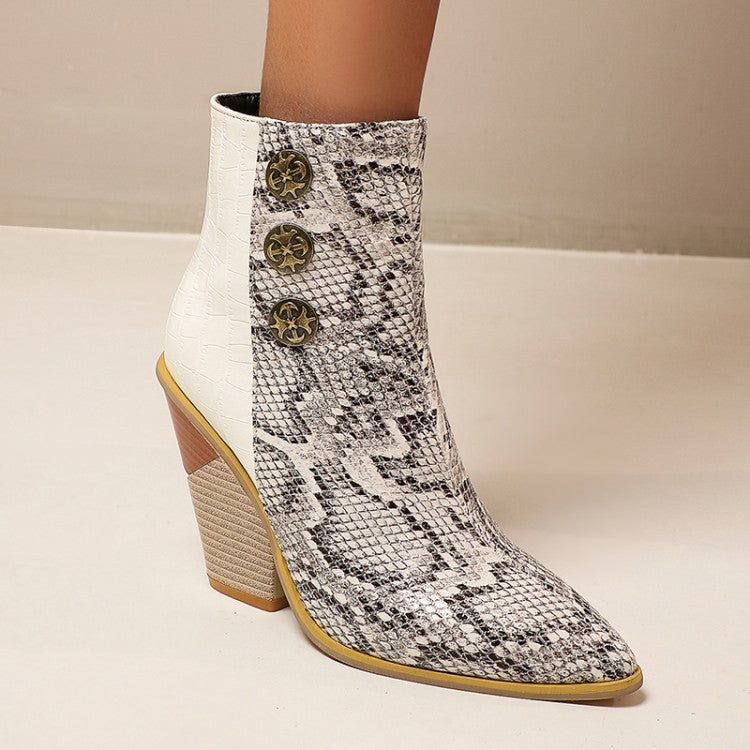 Women Snake Crocodile Pattern Patchwork Buttons Block Heel Short Boots