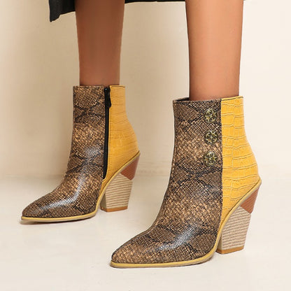 Women Snake Crocodile Pattern Patchwork Buttons Block Heel Short Boots