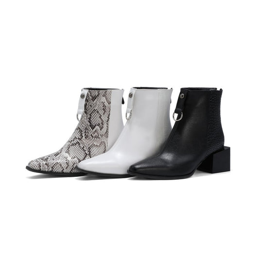 Women Bicolor Snake Printed Pointed Toe Block Chunky Heel Short Boots