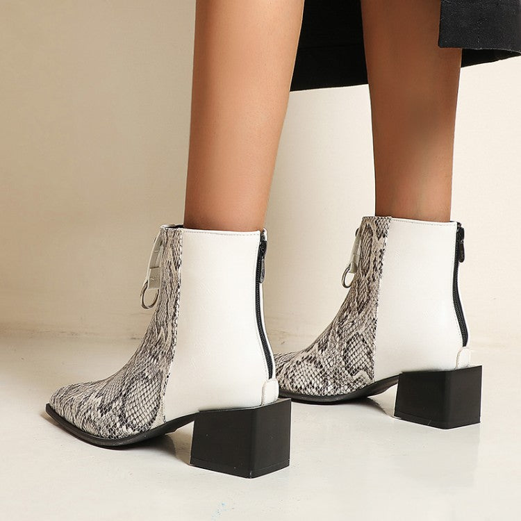 Women Bicolor Snake Printed Pointed Toe Block Chunky Heel Short Boots