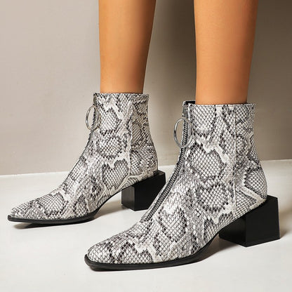 Women Snake Printed Pu Leather Zippers Pointed Toe Block Chunky Heel Short Boots