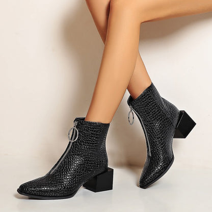 Women Snake Printed Pu Leather Zippers Pointed Toe Block Chunky Heel Short Boots