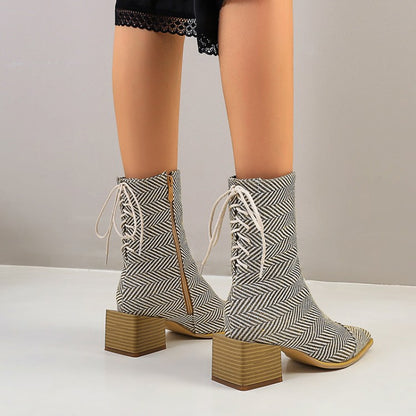 Women Crocodile Pattern Side Zippers Back Lace Up Block Heel Short Boots