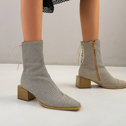 Women Crocodile Pattern Side Zippers Back Lace Up Block Heel Short Boots