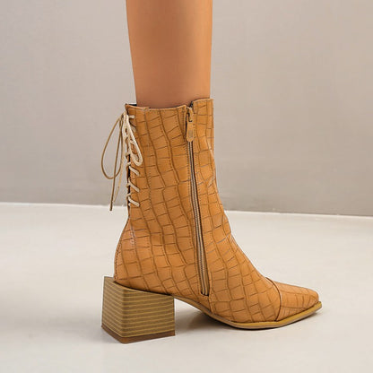 Women Crocodile Pattern Side Zippers Back Lace Up Block Heel Short Boots