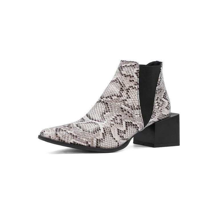 Women Snake Printed Elastic Band Block Heel Short Boots