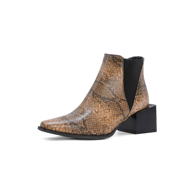 Women Snake Printed Elastic Band Block Heel Short Boots