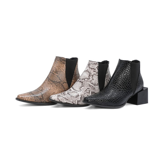 Women Snake Printed Elastic Band Block Heel Short Boots