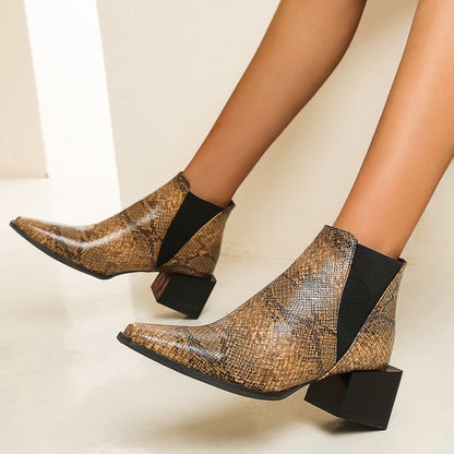 Women Snake Printed Elastic Band Block Heel Short Boots