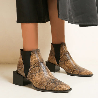 Women Snake Printed Elastic Band Block Heel Short Boots