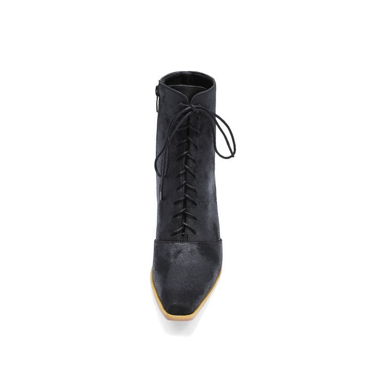 Women Lace Up Side Zippers Block Heel Short Boots