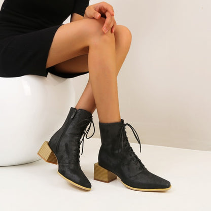 Women Lace Up Side Zippers Block Heel Short Boots