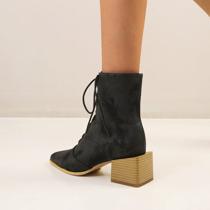 Women Lace Up Side Zippers Block Heel Short Boots