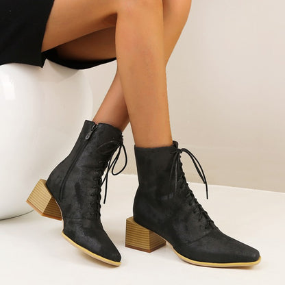 Women Lace Up Side Zippers Block Heel Short Boots