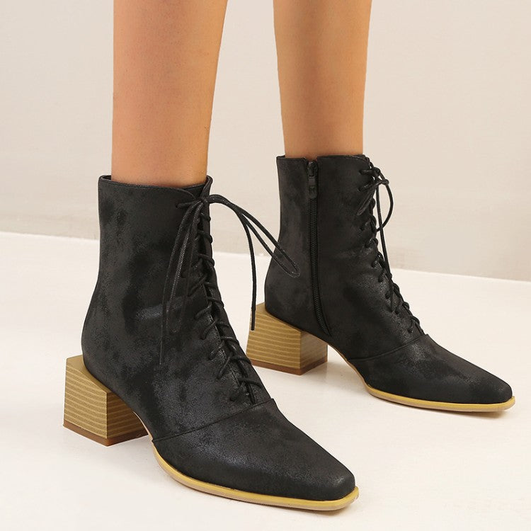 Women Lace Up Side Zippers Block Heel Short Boots