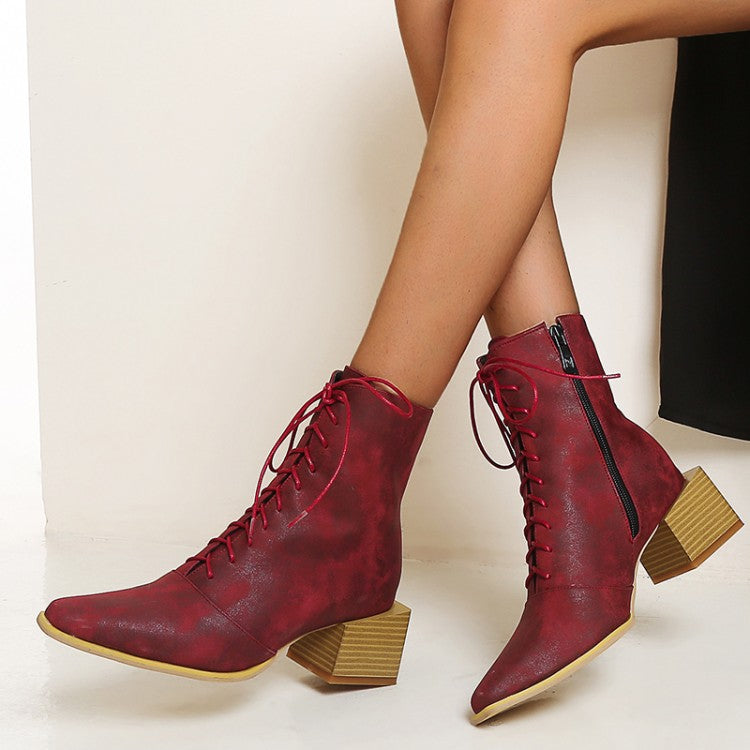 Women Lace Up Side Zippers Block Heel Short Boots