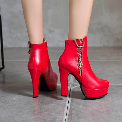 Women Buckle Zipper Platform High Heel Short Boots