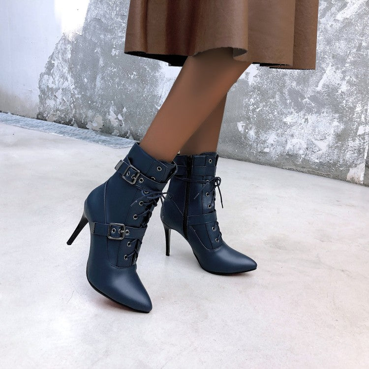 Pointed Toe Buckle Lace Up Women High Heel Short Boots