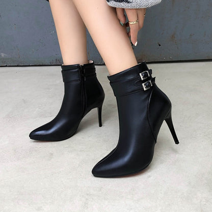 Pointed Toe Buckle Women High Heel Short Boots