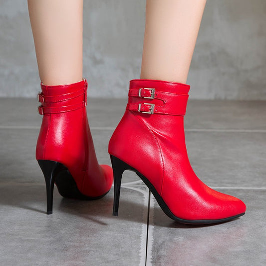 Pointed Toe Buckle Women High Heel Short Boots