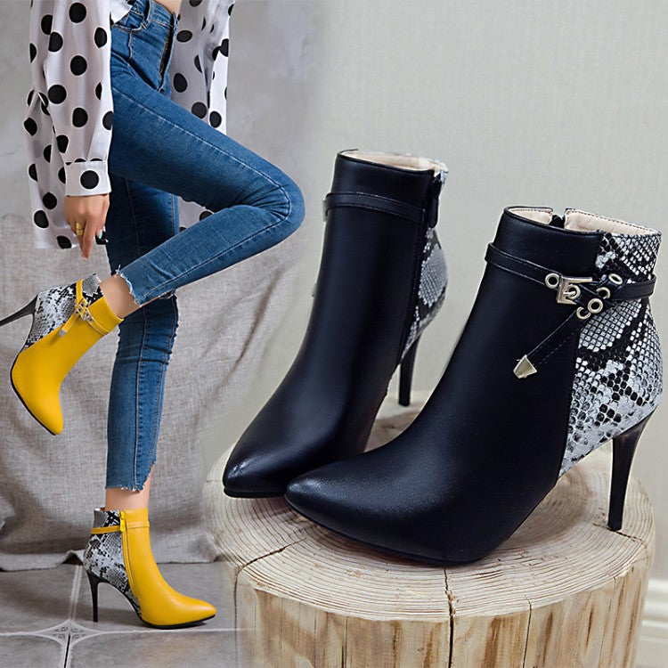 Women Pointed Toe Snake-print High Heel Short Boots
