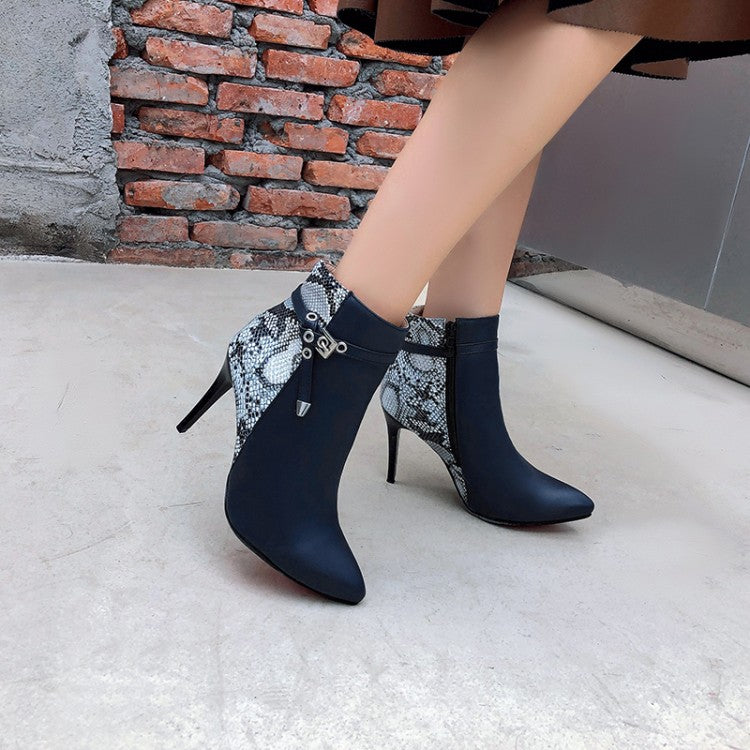 Women Pointed Toe Snake-print High Heel Short Boots