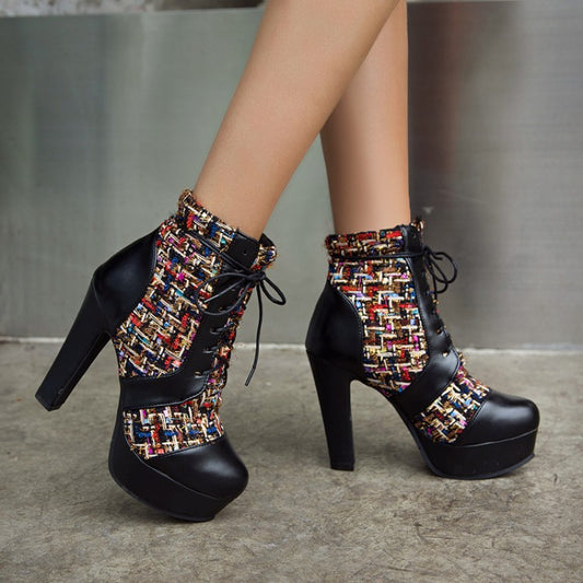 Women Color Block Platform High Heel Short Boots