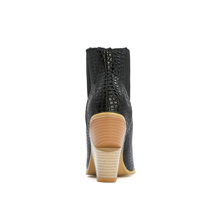 Women Snake Crocodile Pattern Pointed Toe Elastic Band Block Heel Short Boots