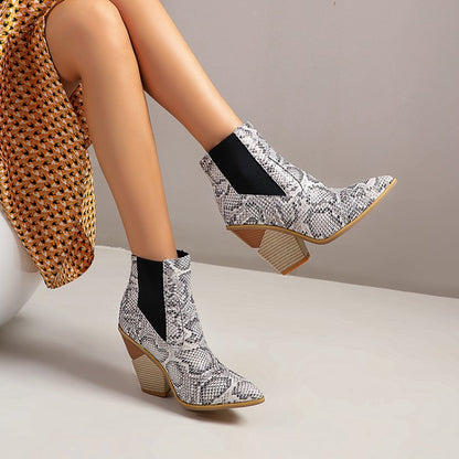 Women Snake Crocodile Pattern Pointed Toe Elastic Band Block Heel Short Boots