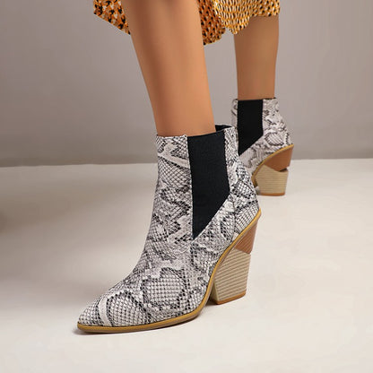 Women Snake Crocodile Pattern Pointed Toe Elastic Band Block Heel Short Boots