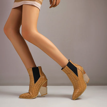 Women Snake Crocodile Pattern Pointed Toe Elastic Band Block Heel Short Boots